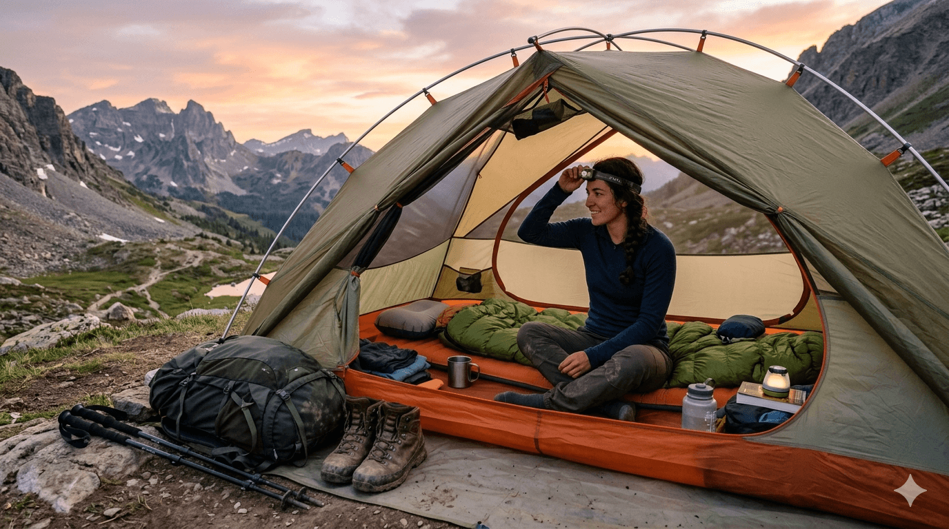 Solo-Trekker im 2-Personen-Zelt in den Bergen bei Sonnenuntergang mit organisierter Ausrüstung
