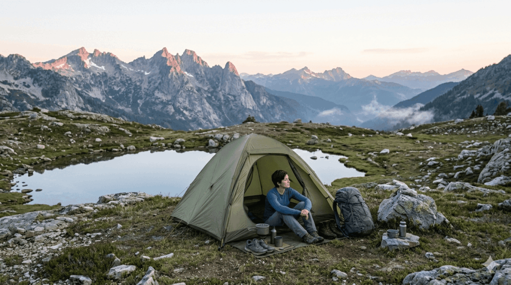 Leichtes 2-Personen-Zelt auf Solo-Trekking-Tour in den Bergen bei Sonnenaufgang