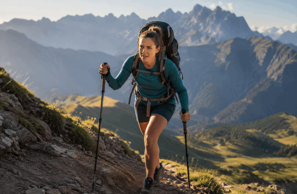 Frau beim Training für Wandern und Trekking in den Bergen