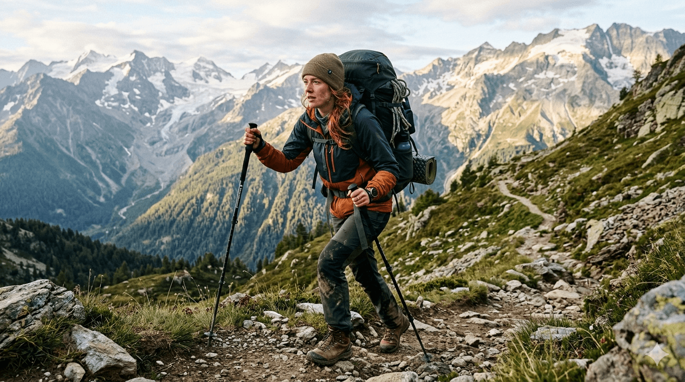 Frau beim Training für Wandern und Trekking in den Bergen
