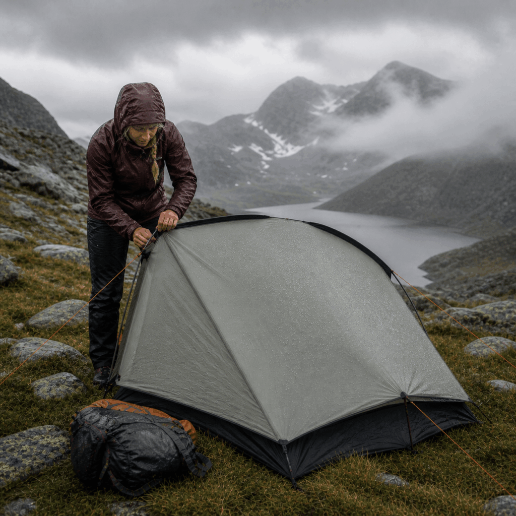 Solo-Trekker baut leichtes Trekkingzelt bei Wind und Regen in alpiner Umgebung auf