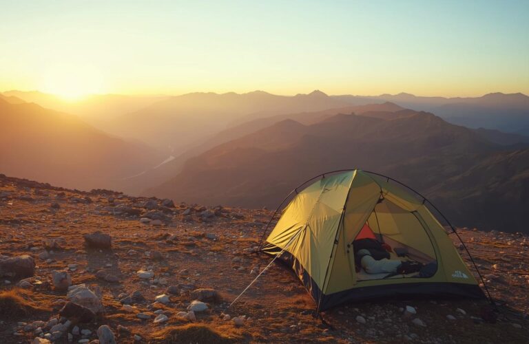 Leichtes 2-Personen-Zelt auf Solo-Trekking-Tour in den Bergen bei Sonnenaufgang