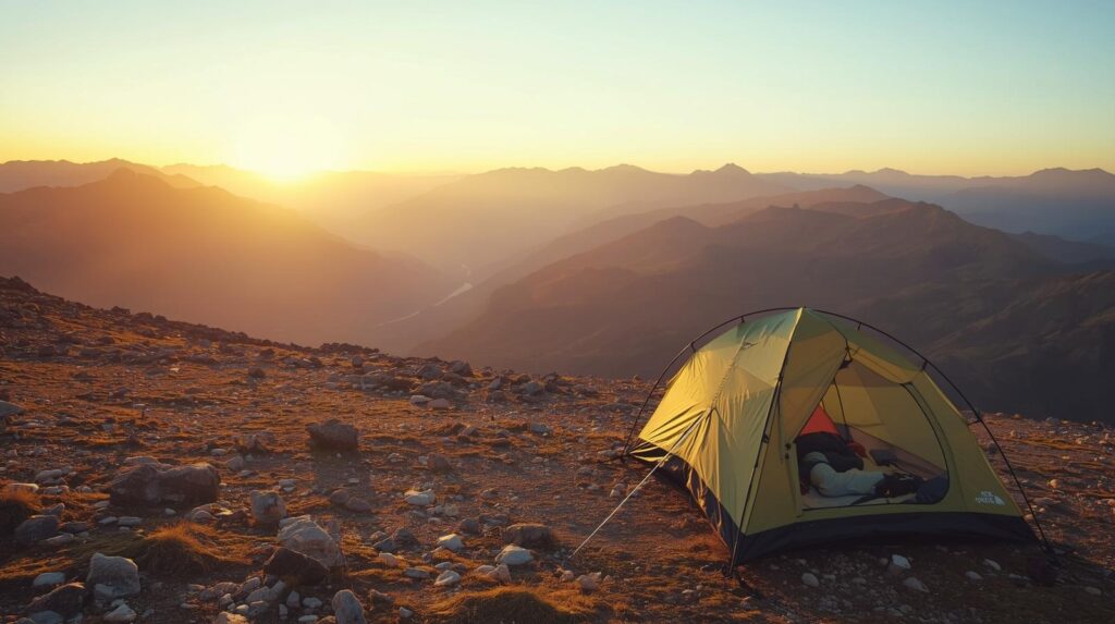 Leichtes 2-Personen-Zelt auf Solo-Trekking-Tour in den Bergen bei Sonnenaufgang