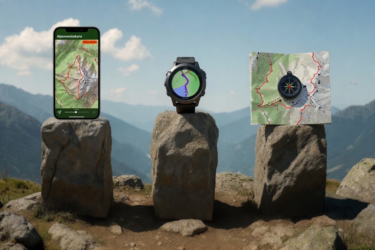 `Drei Säulen der Offline-Navigation: Smartphone, GPS-Smartwatch und Karte Kompass`