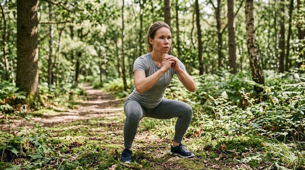 Frau führt eine Bodyweight Squat im Wald aus – klassische Kniebeuge für Beine und Po