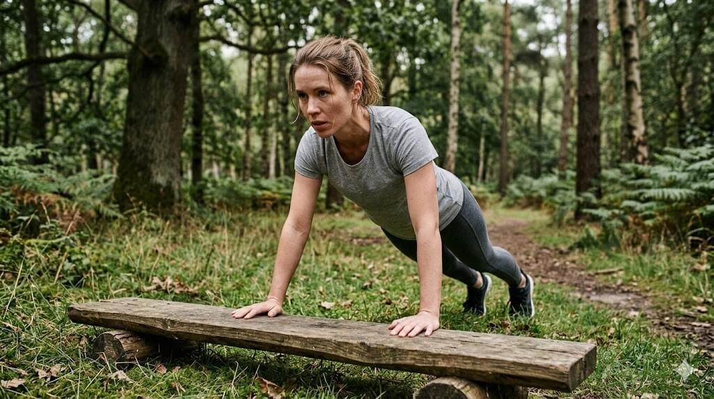Frau hält einen erhöhten Plank auf einer Parkbank – starkes Core- und Oberkörpertraining