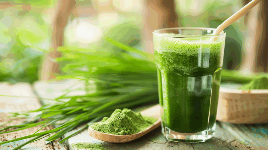 Frisches Glas mit bright green Gerstengras-Smoothie und frischem Gerstengras