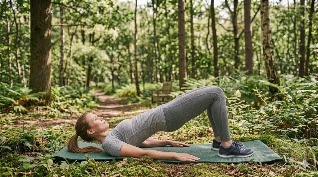 Frau macht Glute Bridges auf einer Yogamatte im Wald – gezielte Gesäß- und Po-Übung