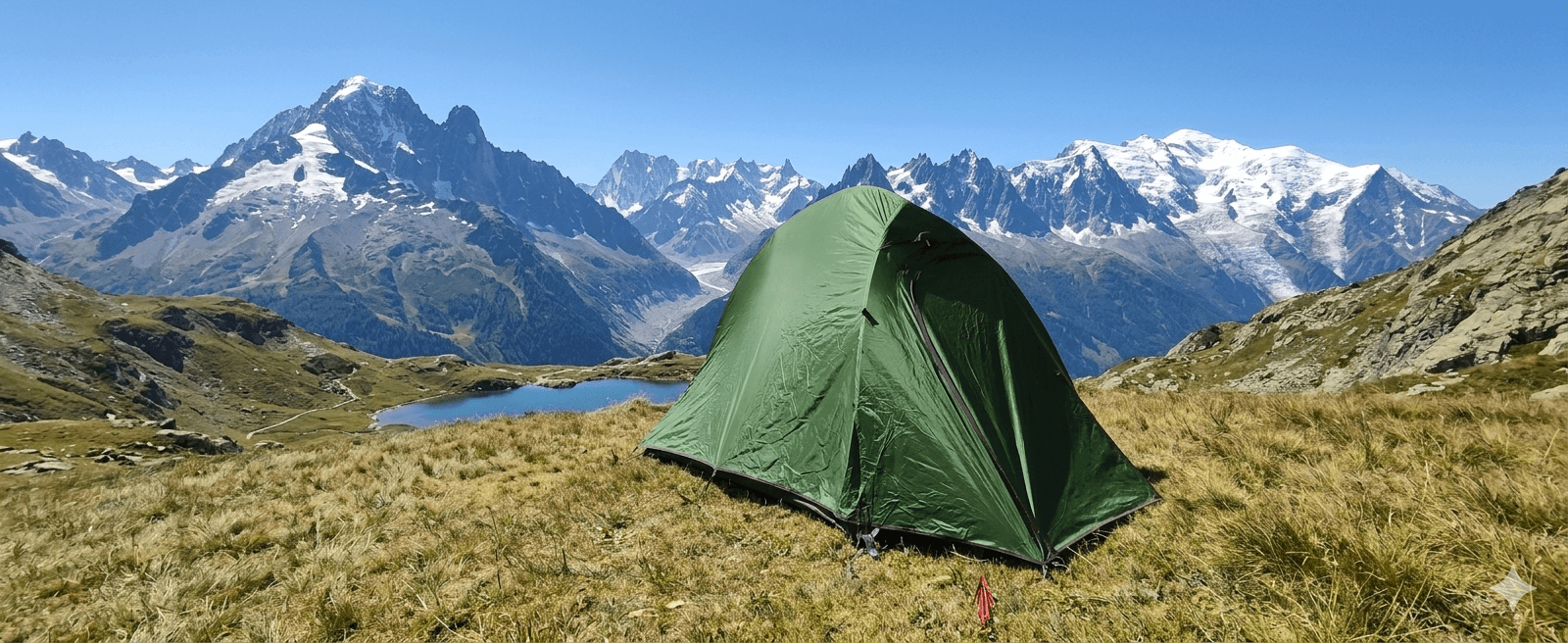 Naturehike Cloud Up 1 Zelt aufgebaut in einer alpinen Berglandschaft mit Bergsee und schneebedeckten Gipfeln – Praxistest als leichtes 1-Personen-Trekkingzelt