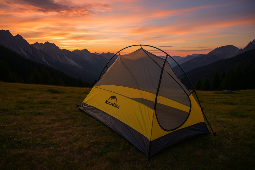 Naturehike Cloud Up 1 Zelt in den Bergen bei Sonnenuntergang – perfektes Ultralight Trekkingzelt für alpine Touren