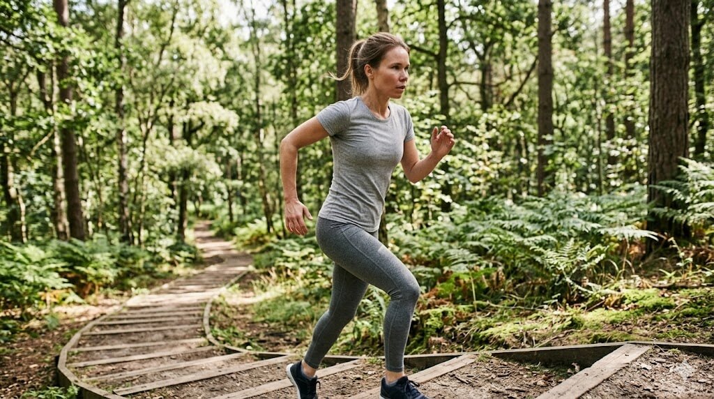 Frau läuft Treppenstufen im Wald hinauf – anspruchsvolles Cardio- und Beintraining