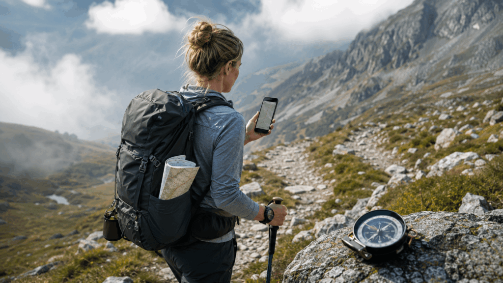 Wandern ohne Netz: Offline-Navigation mit Smartphone, GPS-Smartwatch und Karte Kompass in den Alpen