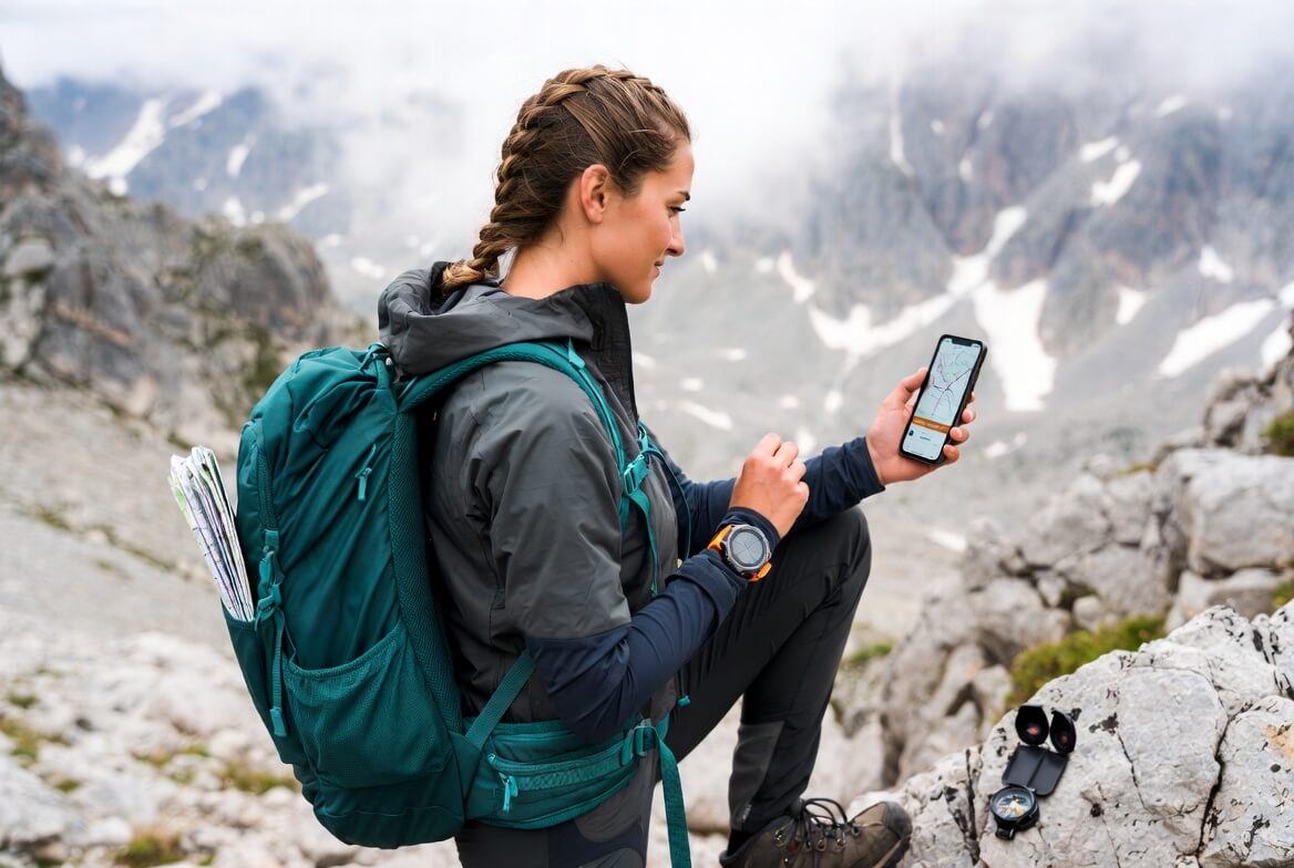 Wandern ohne Netz: Offline-Navigation mit Smartphone, GPS-Smartwatch und Karte Kompass in den Alpen