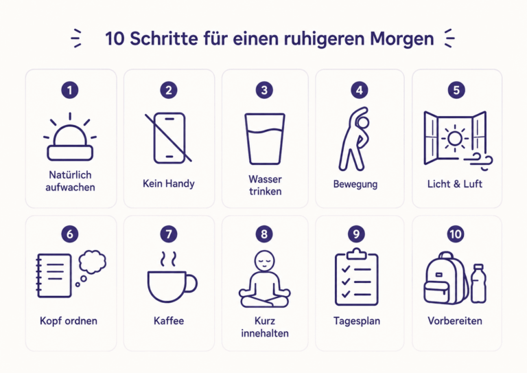 Infografik Morgenroutine mit 10 Schritten: natürlich aufwachen, Handy weg, Wasser, Bewegung, Licht und Luft, Kopf ordnen, Kaffee, innehalten, Tagesplan, abends vorbereiten