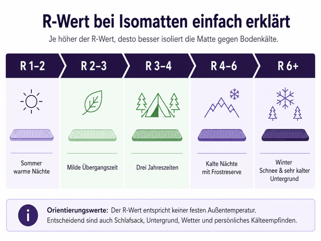 Infografik R-Wert Isomatten: Skala von R 1–2 Sommer bis R 6+ Winter mit Einsatzbereichen