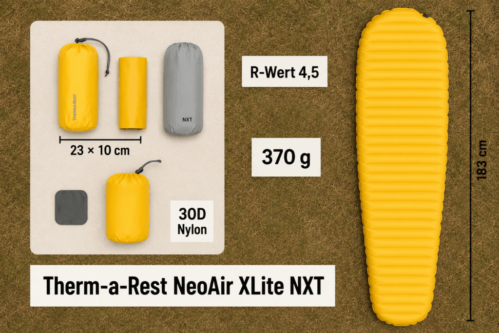 Therm-a-Rest NeoAir XLite NXT Isomatte aufgeblasen und im Packmaß mit R-Wert 4,5 und 370 g