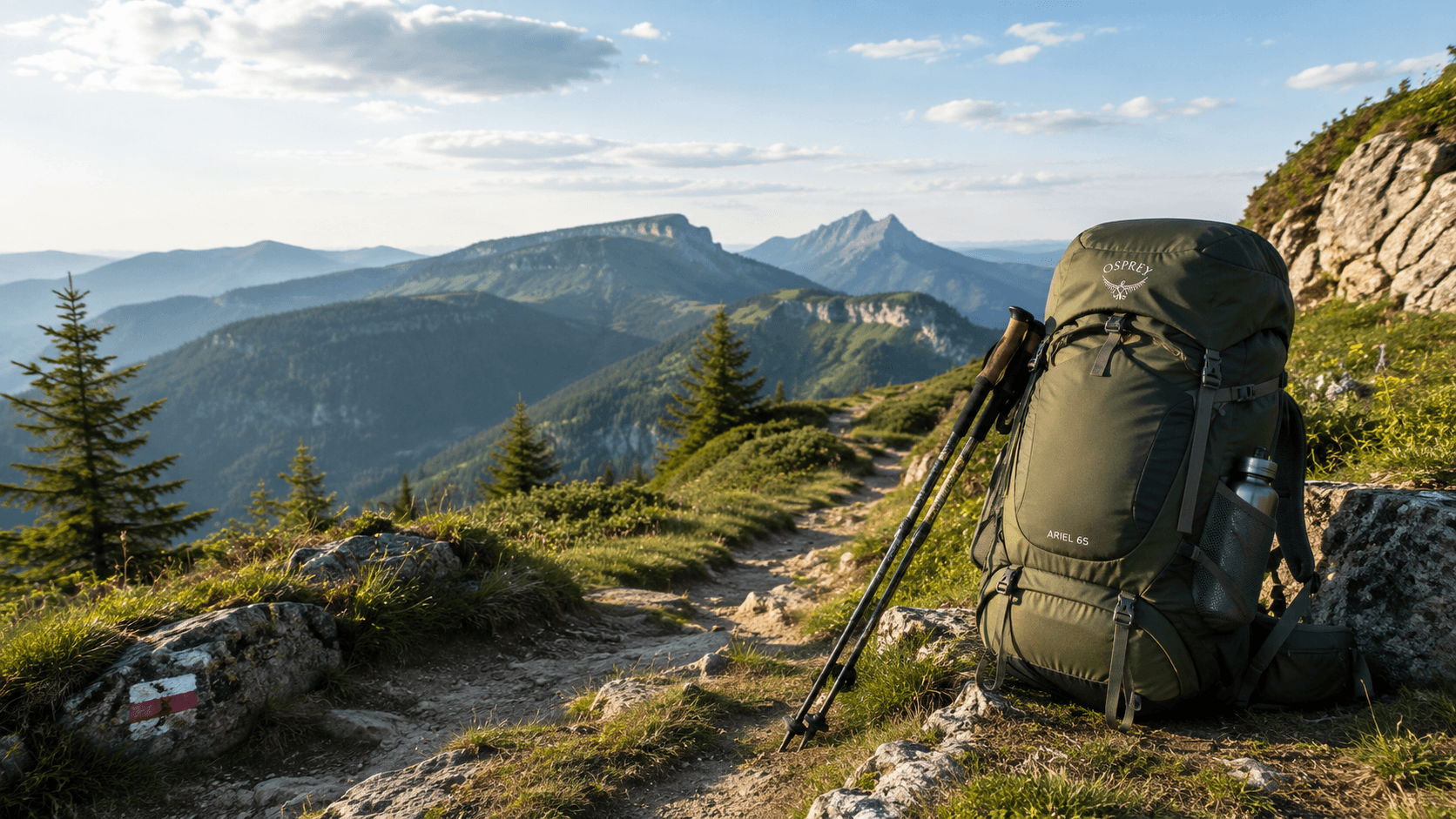 Trekkingrucksack und Trekkingstöcke auf einem Bergweg