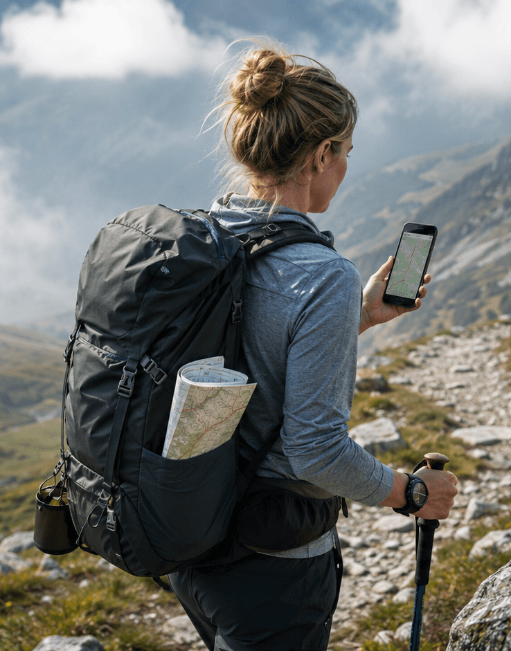 Wanderin navigiert beim Trekking mit Smartphone und Karte