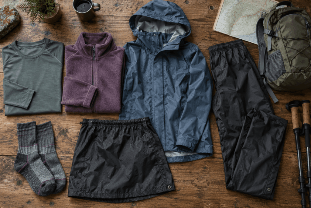 Kleidung für kurze Touren bei Regen mit Baselayer, Fleece und Regenjacke