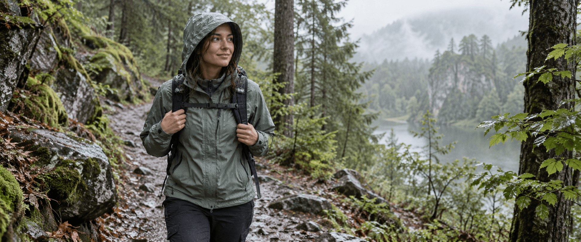 Kurze Tour bei Regen auf nassem Waldweg mit Regenjacke und kleinem Tagesrucksack