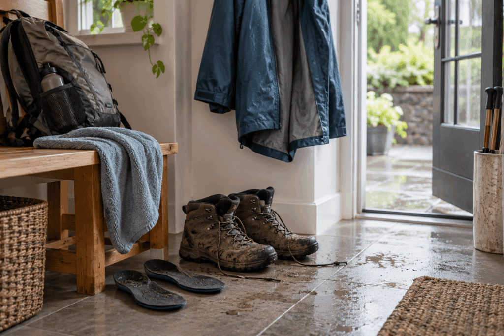 Nasse Wanderschuhe und Regenjacke nach der Tour beim Trocknen