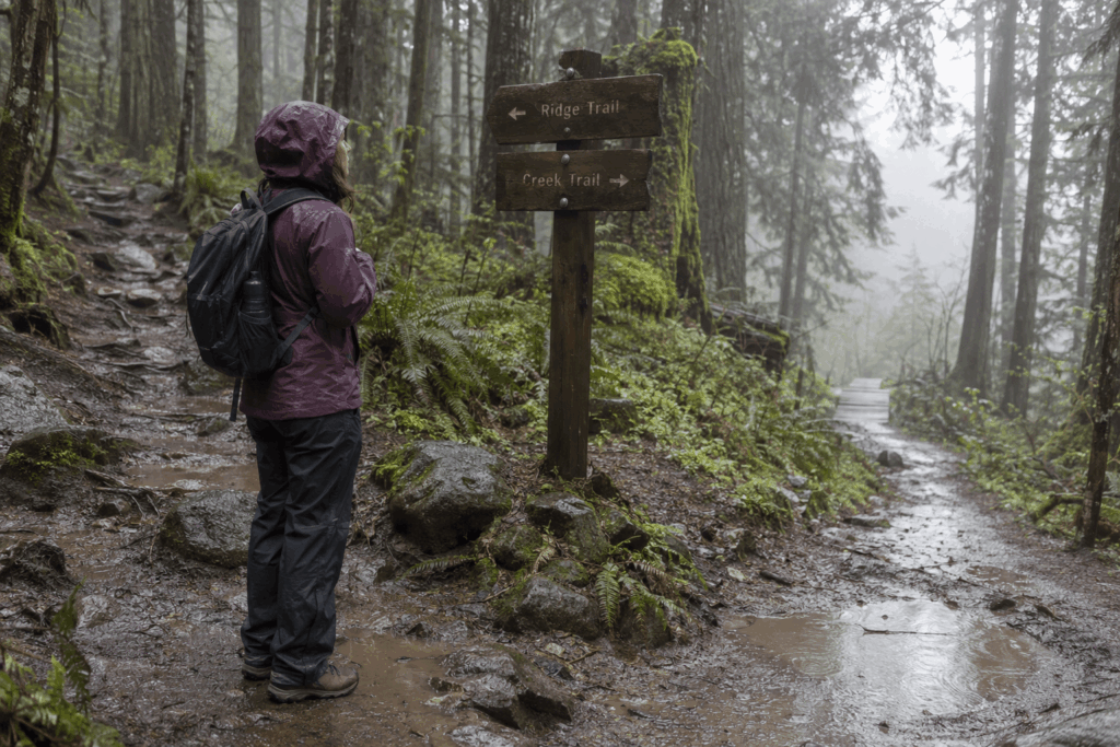 Planung einer kurzen Regentour an einer Weggabelung im Wald