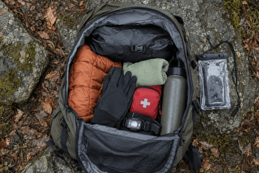 Kleiner Tagesrucksack mit Ausrüstung für eine kurze Tour bei Regen