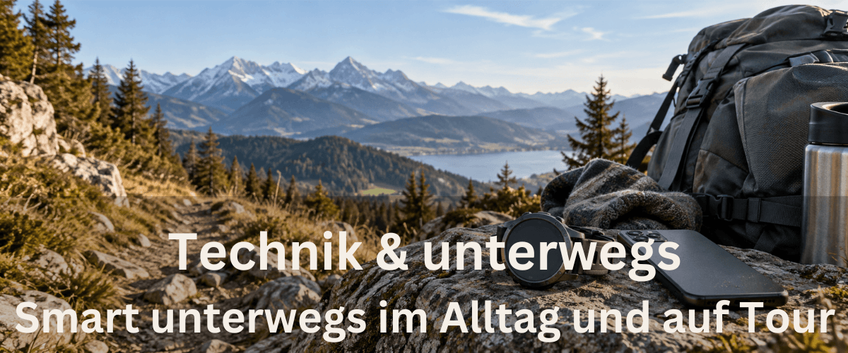 Technik unterwegs: Smartwatch und Smartphone neben einem Wanderrucksack in der Natur