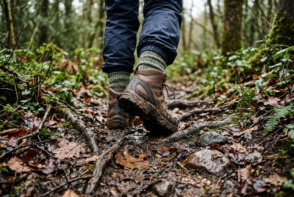 Wasserdichte Wanderschuhe auf nassem Waldweg mit Laub und Wurzeln