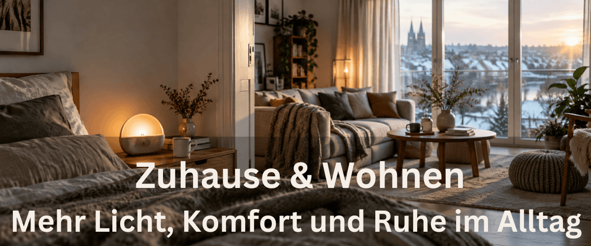 Zuhause und Wohnen: Helles modernes Zuhause mit warmer Beleuchtung und gemütlichem Wohnbereich